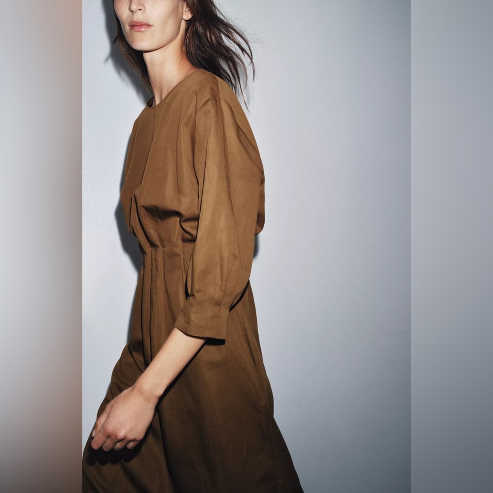ZARA LINEN BLEND ZW COLLECTION PLEATED MIDI DRESS - Picture 4 of 9